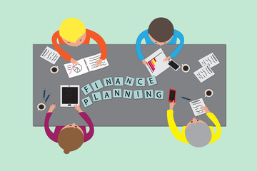 Finance planning - text. Team meeting, professionals at the working desk in office, teamwork 