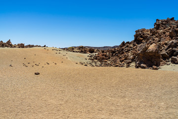 The lava fields of Las Canadas caldera of Teide volcano. Viewpoint: Minas de San Jose. Tenerife....