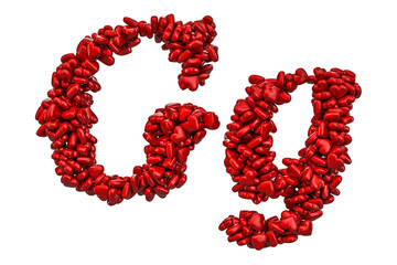 Cursive letter G from red hearts, capital and small letters. 3D rendering