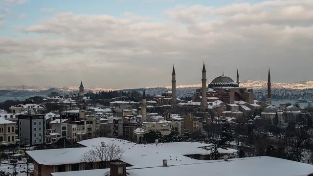 Hagia Sophia in winter Istanbul with snow, time lapse
