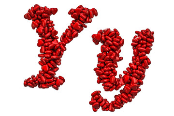 Cursive letter Y from red hearts, capital and small letters. 3D rendering
