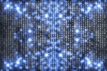 Matrix on blue digital background. Characters fall down. Stream of symbols. Shiny virtual reality with copy space. Sparkle backdrop. Complex algorithm. Falling letters and numbers. Hacking computer.