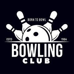 Vector vintage monochrome style bowling logo, icon, symbol. Bowling ball and bowling pins illustration. Trendy design elements.