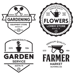 Set of vintage monochrome retro logo, badges, labels, emblems and design elements. Garden shop, service, center, flowers.