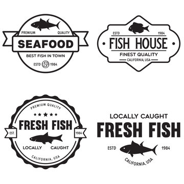 Vector set of fresh fish labels, logo, badges and design elements. Great Restaurant and Seafood Emblems.
