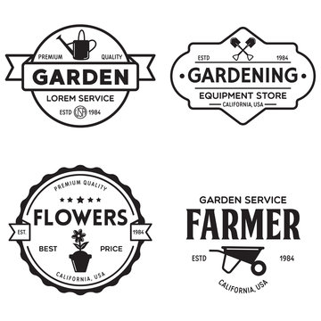 Set of vintage monochrome retro logo, badges, labels, emblems and design elements. Garden shop, service, center, flowers.
