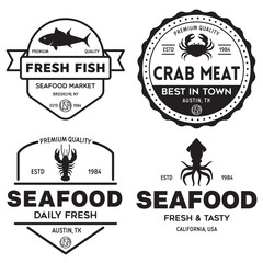 Seafood restaurant logos set vector illustration. Market and fisherman emblems, fishes and seafood silhouettes.