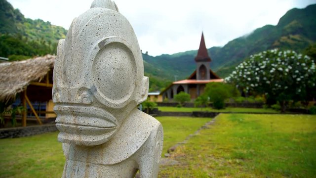 Tiki art sculpture Vaitahu on Tahuata Island Marquesas