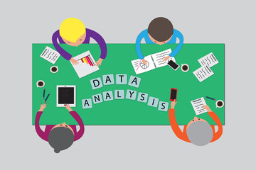 Data analysis - text. Team meeting, professionals at the working desk in office, teamwork 