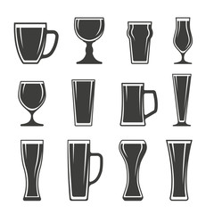 Monochrome vector illustration set of glasses of beer icons isolated on white background.