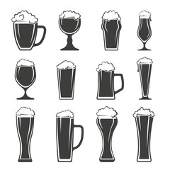 Monochrome vector illustration set of glasses of beer with foam icons isolated on white background.