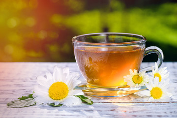 Healthy tea. Cup of tea and a saucer, standing on a wooden table, outdoors, with flowers of white daisies, in the rays of sunlight.