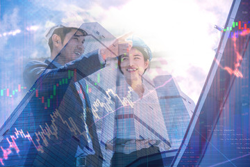 Modern skyscrapers in central business district with civil engineer