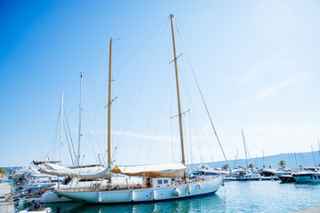 yachts in montenegro bay. mountains on background
