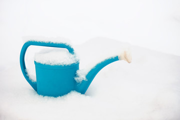 Watering can in the Snow. Watering can in a snowy garden close up.Blue Watering can on white snow in winter, Concept of Frosty Day. © Андрей Прилуцкий