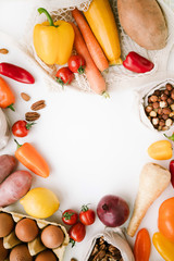 Vegetables on white background flat lay top view. Healthy food concept with copy space for text