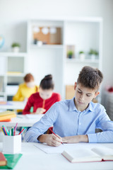 Fototapeta premium Diligent schoolboy in blue shirt making notes or drawing by desk with two girls on background
