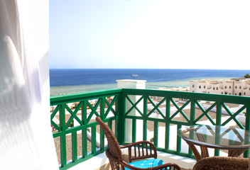 Beautiful sea view trought the window of hotel on the Red Sea coast, Sharm El Sheikh, Egypt