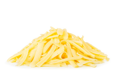 Pile of grated cheese close up on a white. Isolated.