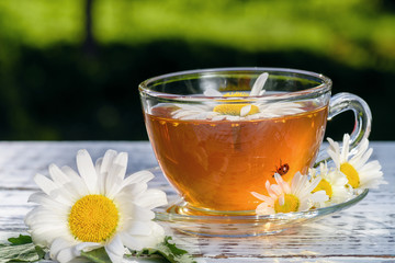 Fitness slimming tea. Chamomile tea in the open air. 