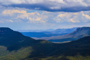 Panoramic landscape view of iconic Three Sisters rock monument in Blue Mountains near Sydney, New South Wales, Australia. The most popular natural attraction. National park outdoor travel background. 