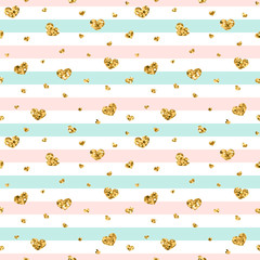 Gold heart seamless pattern. Pink-blue-white geometric stripes, golden confetti-hearts. Symbol of love, Valentine day holiday. Design wallpaper, background, fabric texture. Vector illustration