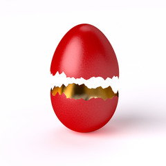 Cracked red egg shell isolated on white background. 3d illustration.  