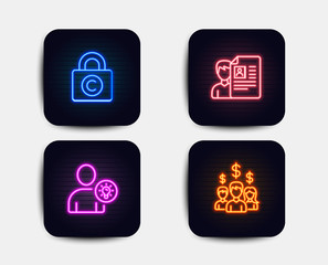 Neon glow lights. Set of Job interview, Copyright locker and User idea icons. Salary employees sign. Cv file, Private information, Light bulb. People earnings.  Neon icons. Glowing light banners