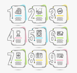 Infographic template with numbers 9 options. Set of Update data, Bill accounting and Start business icons. Bumper cars, Feedback and Washing machine signs. Vector