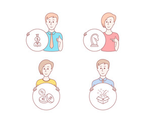 People hand drawn style. Set of Manager, Currency exchange and Marketing strategy icons. Gift sign. Work profit, Euro and usd, Chess knight. New year.  Character hold circle button. Man with like hand