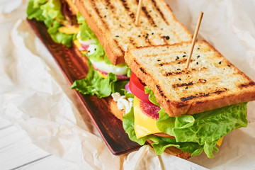 Two sandwiches with ham, lettuce and fresh vegetables on a plate, close up