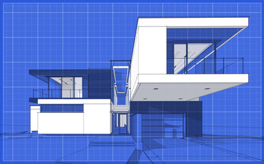 Fototapeta na wymiar 3d rendering sketch of modern cozy house with garage for sale or rent. Graphics black line sketch with white spot on blueprint background