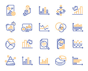 Charts and Diagrams line icons. Report, 3D Chart, Block diagram and Dot Plot graph linear icons. Trend, Pyramid and Pie chart report symbols. Presentation infochart, process flow diagram. Vector