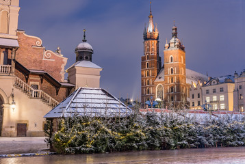 Krakow, Poland, Christmas decorations on Main Market Square and St Mary's church