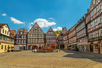 Schorndorf, main square of historical centre and a tower of Stadtkirche church, a town in...