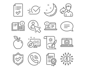 Set of Creative painting, Certificate and User icons. Checkbox, Instruction info and Approved checklist signs. Chat, E-mail and Online documentation symbols. Vector