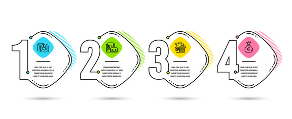 Infographic template 4 options or steps. Set of Shopping bags, Accounting report and Vacancy icons. Money bag sign. Sale discount, Check finance, Hiring job. Euro currency. Vector