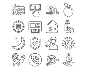 Set of Income money, Target and Wallet icons. Flight sale, Atm and Payment click signs. Calculator target, Online shopping and Phone payment symbols. Savings, Targeting, Affordability. Vector