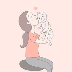 A Happy Mom is Holding, Looking at the Happy Infant Newborn Baby And Kissing with Love. Parenthood, Family Happiness Concept. Hand Drawn, Flat Style Illustration with Cartoon Characters