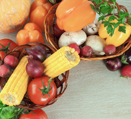 frame of fresh vegetables on a wooden background