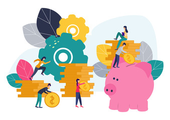 Vector flat illustrations, big piggy bank on white background, financial services, bankers do the work,