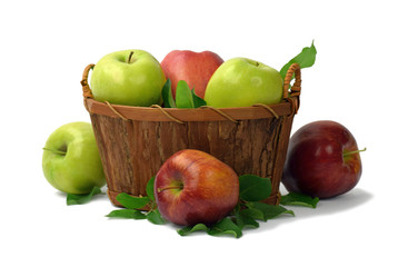 Basket full of green and red apples. Isolated without a shadow. Vitamins. Fruit. Food.