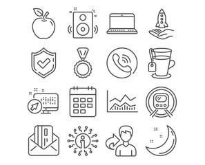 Set of Crowdfunding, Tea and Speakers icons. Notebook, Calendar and Medal signs. Trade infochart, Metro subway and Credit card symbols. Start business, Glass mug, Sound. Vector