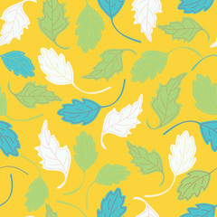 Fototapeta na wymiar Pretty, tossed, hand drawn leaves in bright summer colors. Seamless repeating pattern. Multi direction for textiles, stationery, gift wrapping paper, home decor and graphic design. Vector.