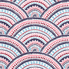 Japanese seigaiha wave pattern. Ethnic print for textiles. Aztec and tribal motifs. Wavy wallpaper drawn by hand. Vector illustration.