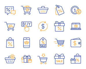 Shopping wallet line icons. Gift, Present and Sale offer signs. Shopping cart, Delivery gift and Tags symbols. Speech bubble, Discount, sale and wallet. Online buying. Surprise present. Vector