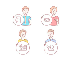 People hand drawn style. Set of Login, Refresh mail and Start business icons. New mail sign. Sign in, New e-mail, Launch idea. Received e-mail.  Character hold circle button. Man with like hand