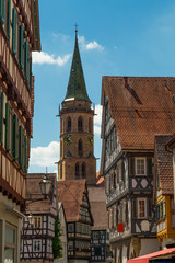 Fototapeta na wymiar Schorndorf, main square of historical centre and a tower of Stadtkirche church, a town in Baden-Württemberg, Germany