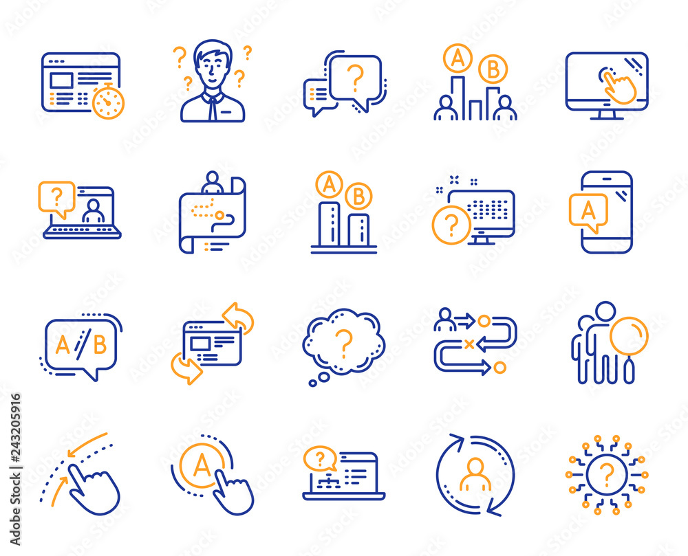 Poster ux line icons. set of ab testing, journey path map and question mark icons. usability quiz test, ux 