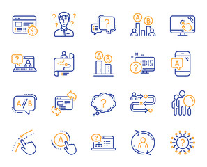 UX line icons. Set of AB testing, Journey path map and Question mark icons. Usability quiz test, Ux Ui and User flow. Project process, ab testing graph, survey test results. Quiz question. Vector